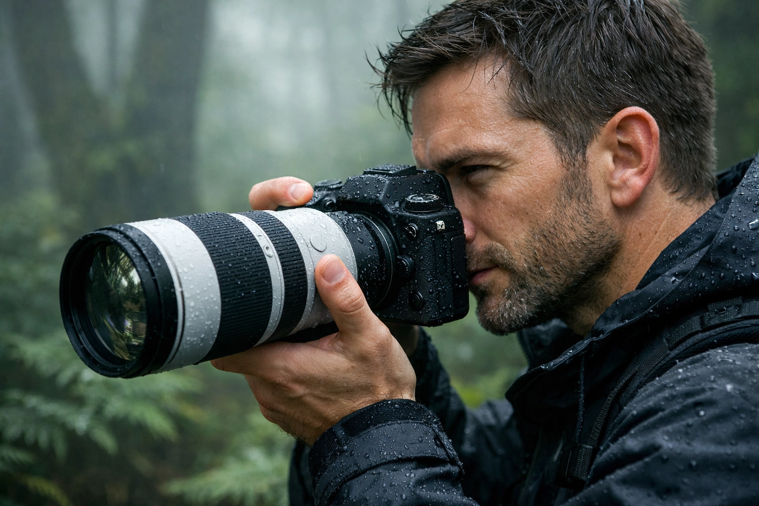 Professional photographer using a high-tech mirrorless camera with a telephoto lens in the woods.