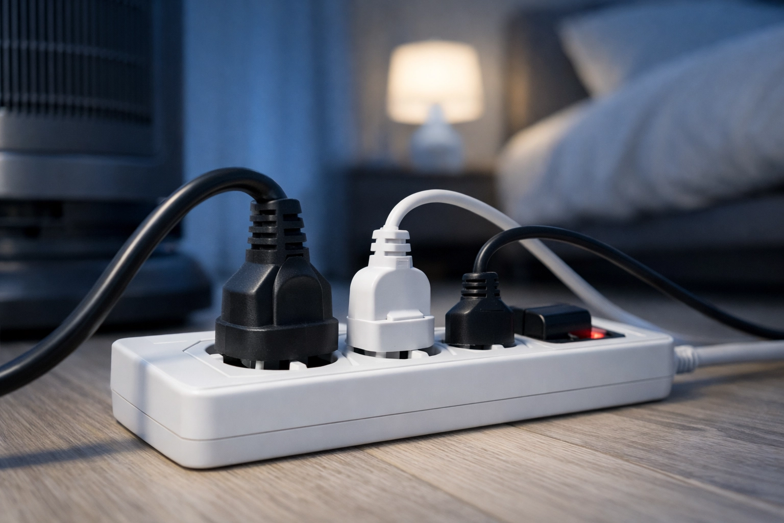 Overloaded power strip on a bedroom floor highlighting fire hazards from high-wattage appliances in a Dorset home.