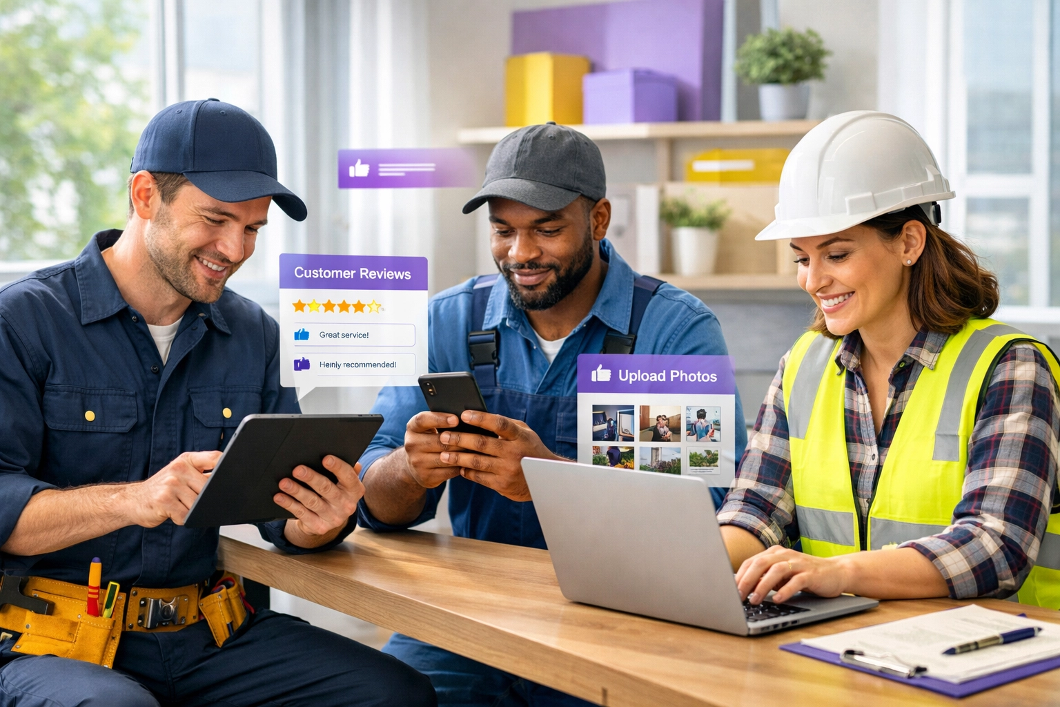 Service business professionals managing online reviews and digital presence on multiple devices