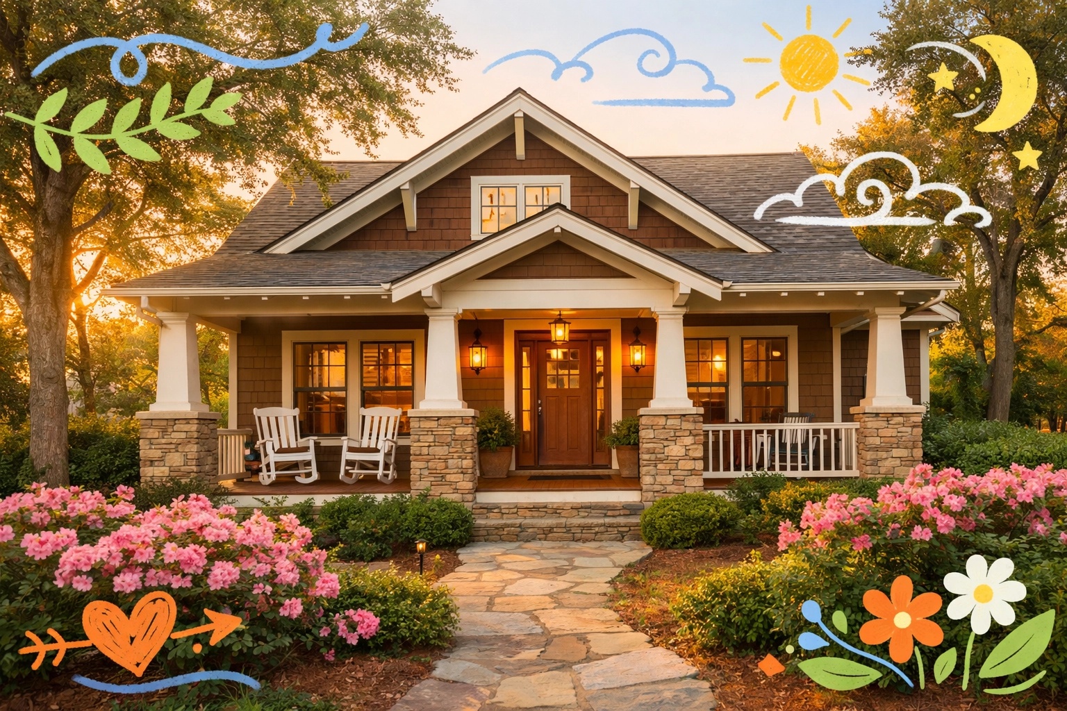 Traditional craftsman home with welcoming front porch in North Metro Atlanta neighborhood