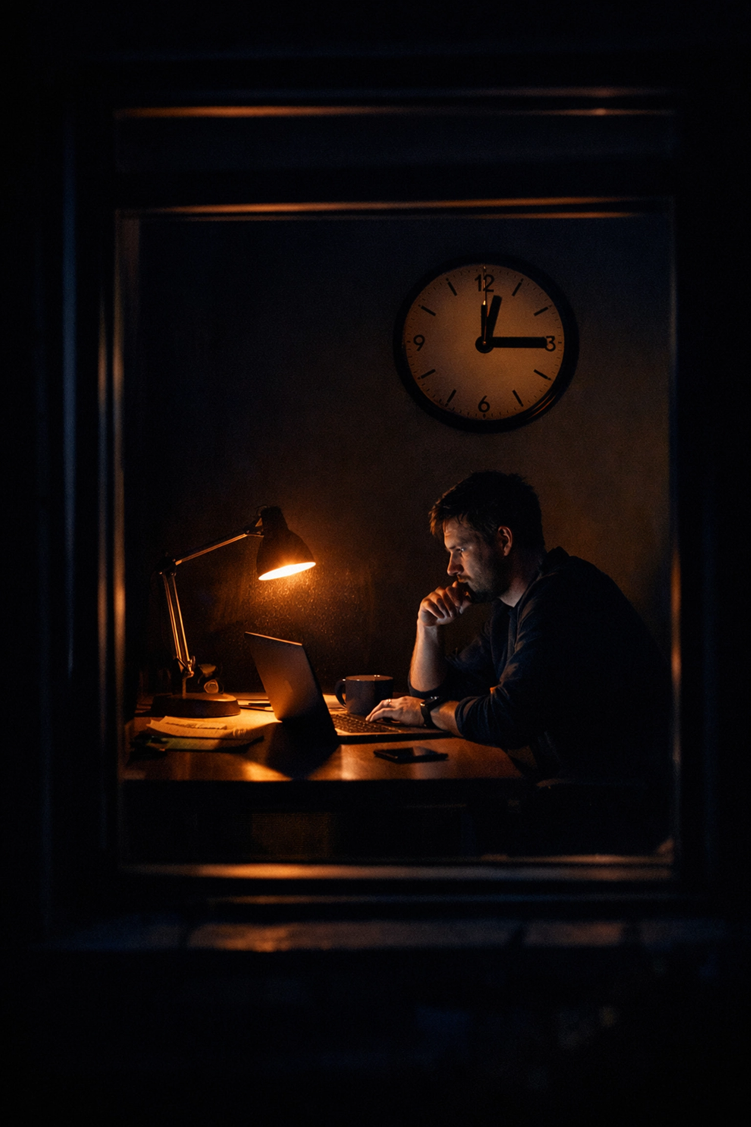 Founder working late at night doing outbound sales alone at desk