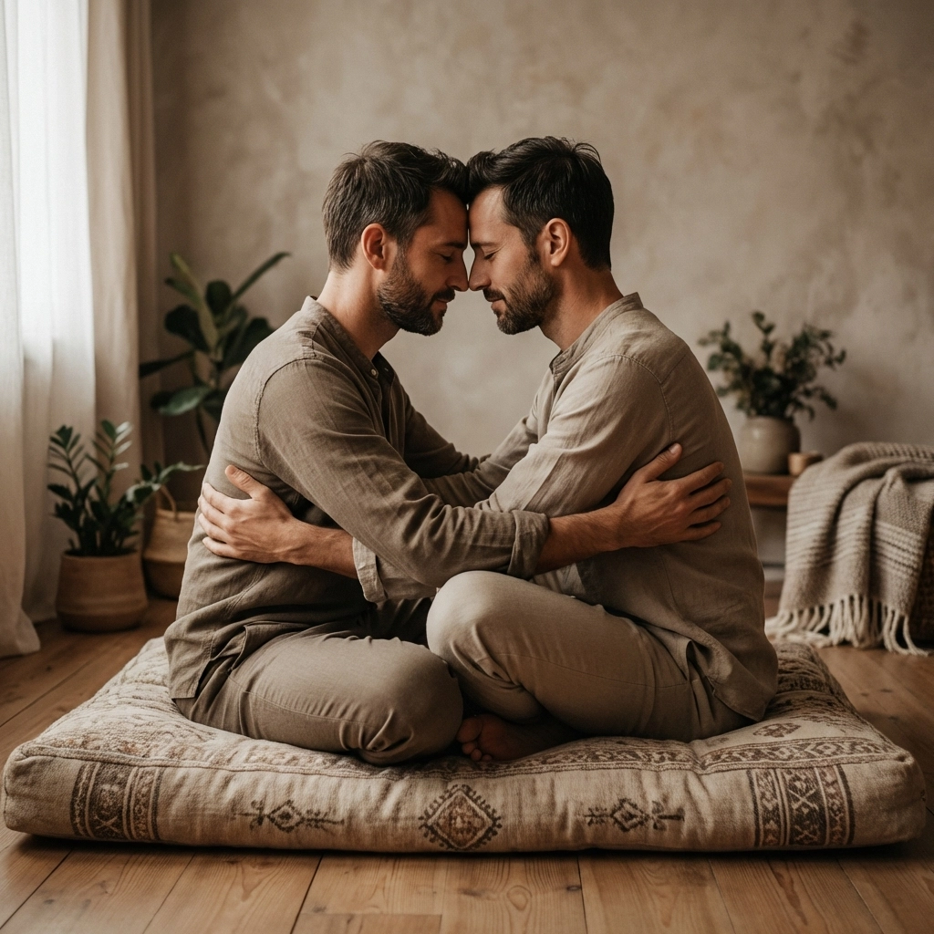 Gay couple in Yab-yum tantric position demonstrating intimate connection practice