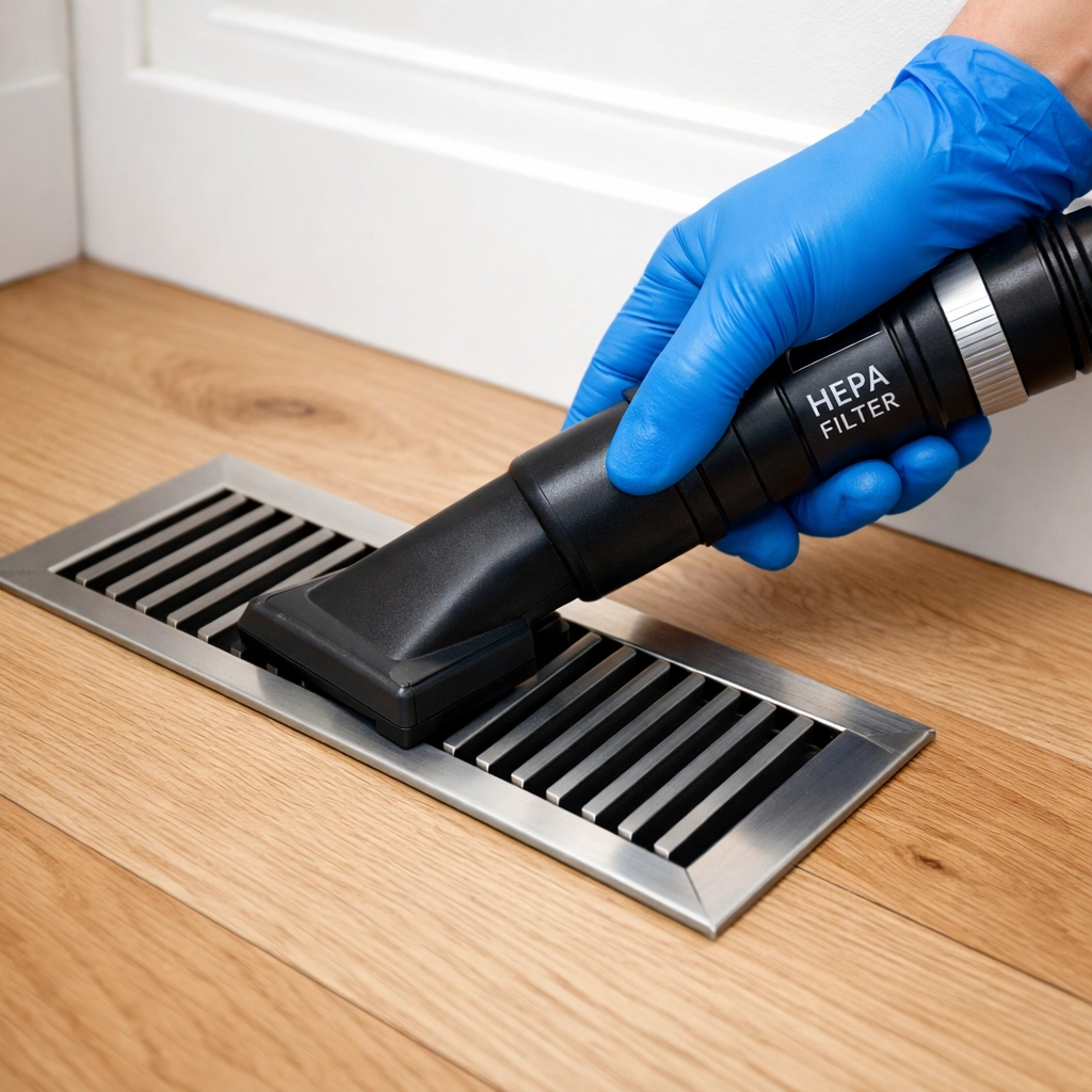 Professional using a HEPA vacuum to clean dust from a floor vent during post construction cleaning in Hudson.