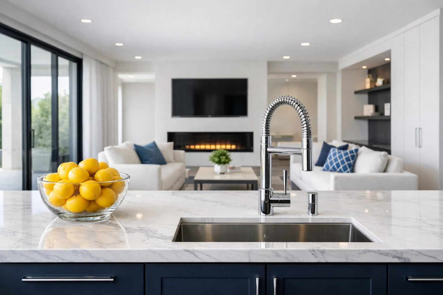 Spotless modern kitchen with white marble counters after professional residential cleaning MA for busy families.