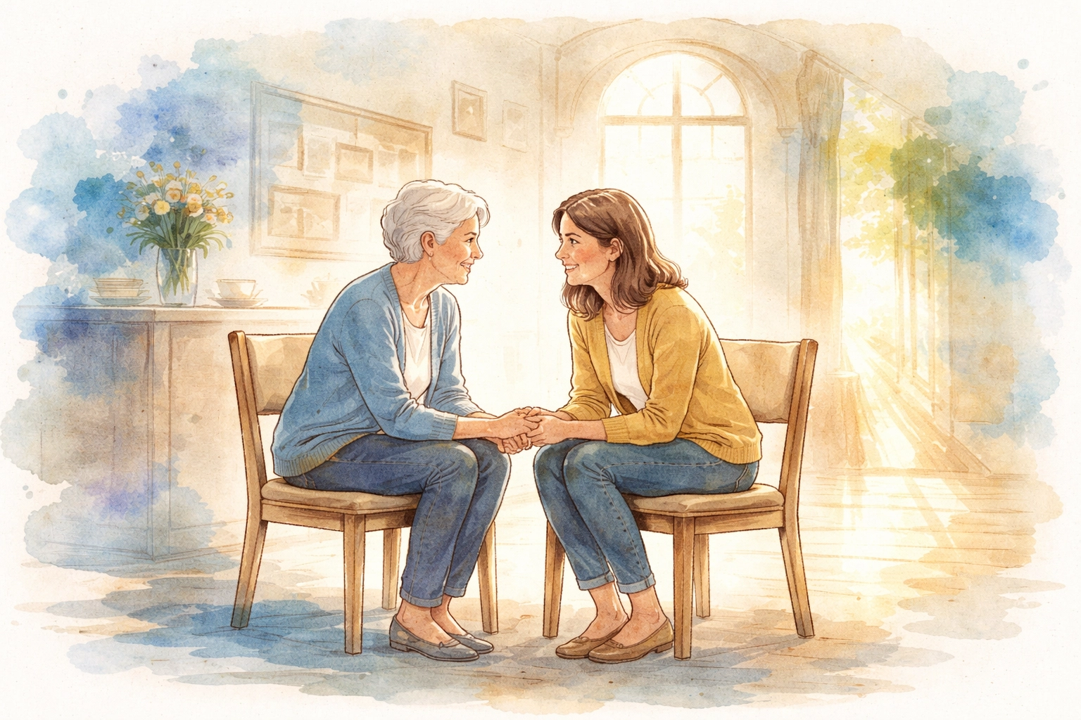 Watercolor illustration of two women sharing a heartfelt conversation in a bright church lobby, symbolizing Christian community and belonging.