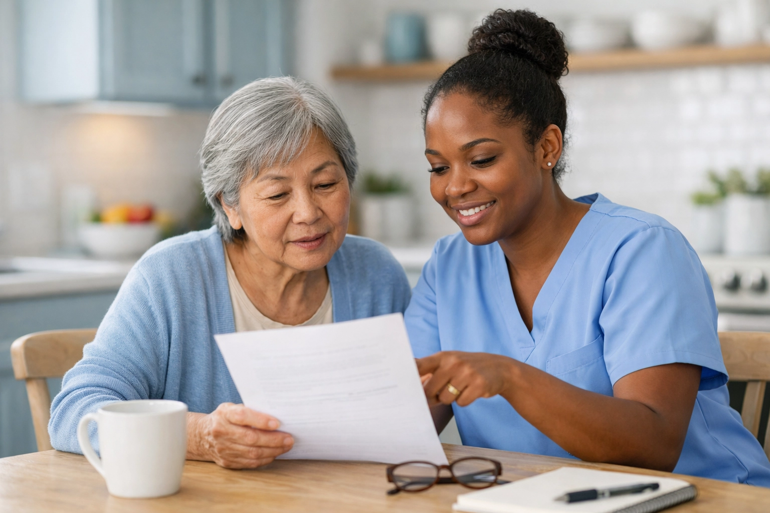 Caregiver and senior discussing personalized private pay home care plan in Warrenton VA kitchen