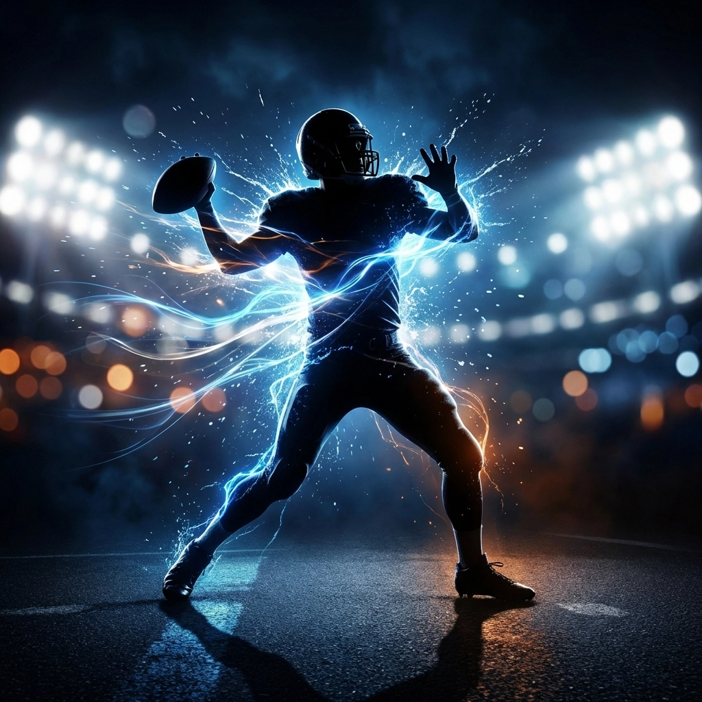 Silhouetted quarterback in action amid stadium lights, representing Mensah's uncertain Duke future