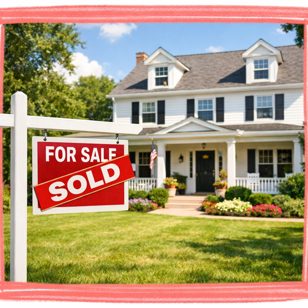 A classic New England colonial home in Connecticut with a sold sign on the lawn during summer. A classic New England colonial home in Connecticut with a sold sign on the lawn during summer.