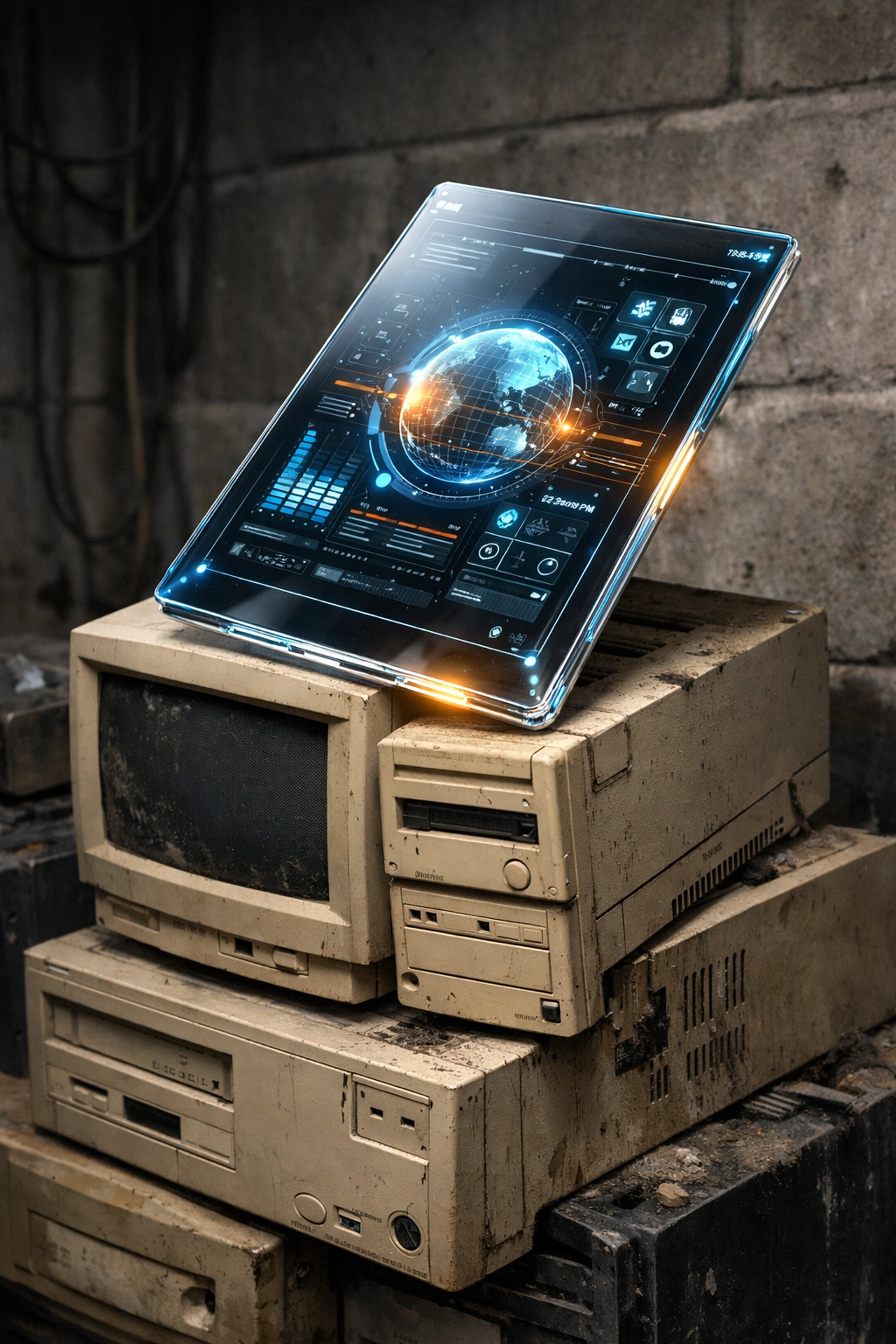 A modern tablet on a stack of legacy computer monitors illustrating healthcare IT tech debt.