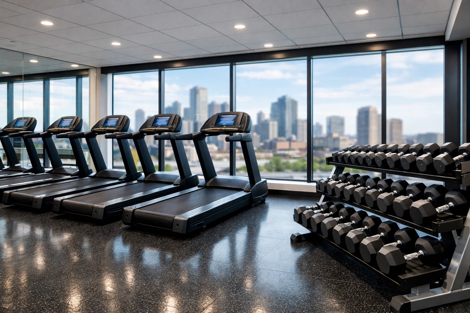 Spotless luxury apartment fitness center with treadmills and city views maintained by professional janitorial services.