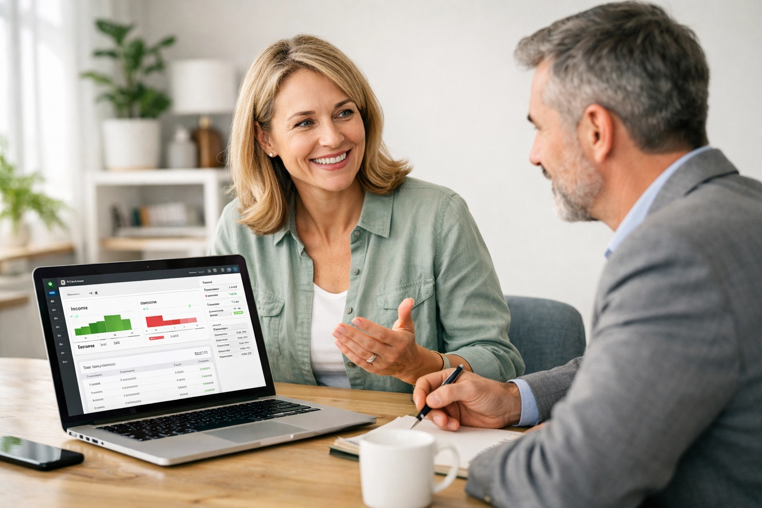Business owner at a laptop reviewing bookkeeping software with a finance advisor in a bright modern office.
