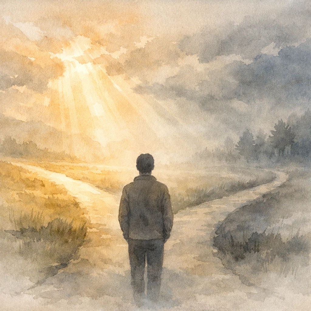 Person standing at crossroads between light and shadow, symbolizing Christian choice between peace and fear