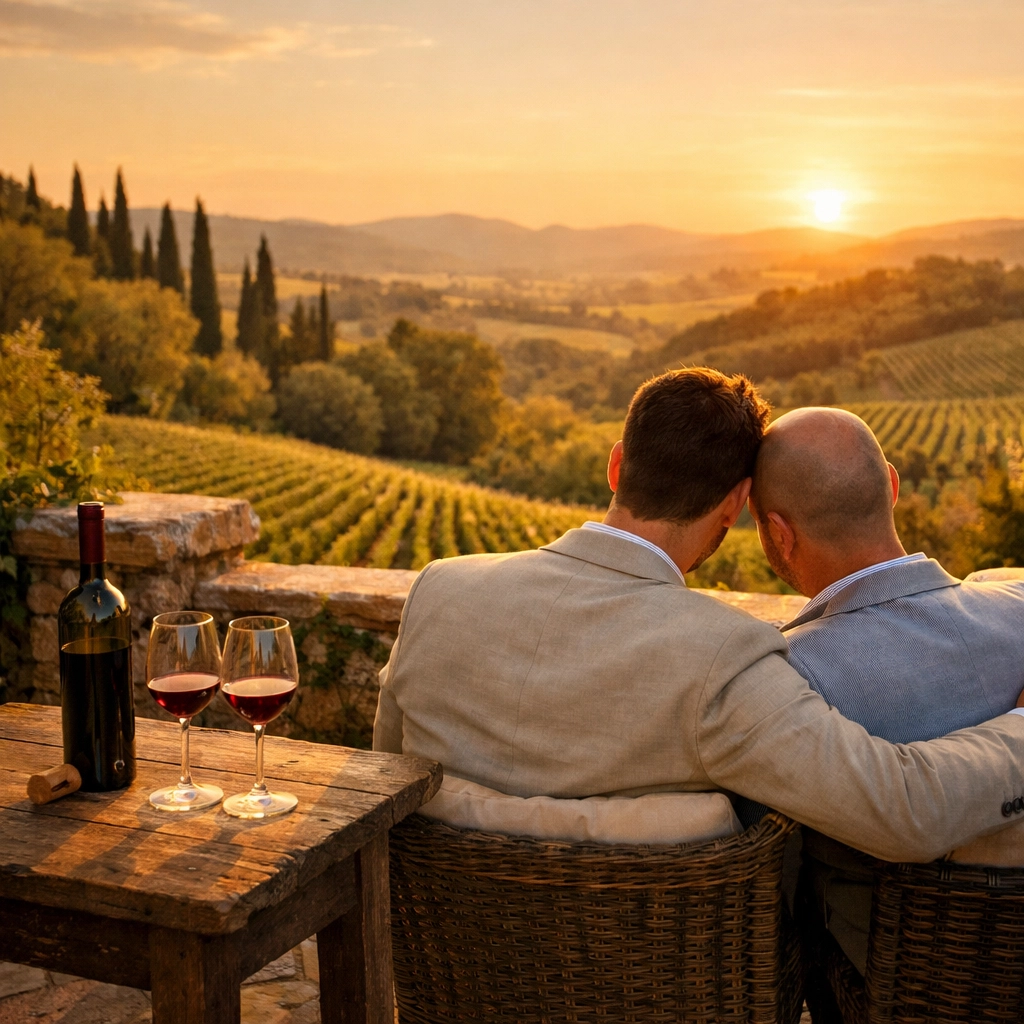 Gay honeymoon in Tuscany countryside with vineyard views and Italian wine at sunset