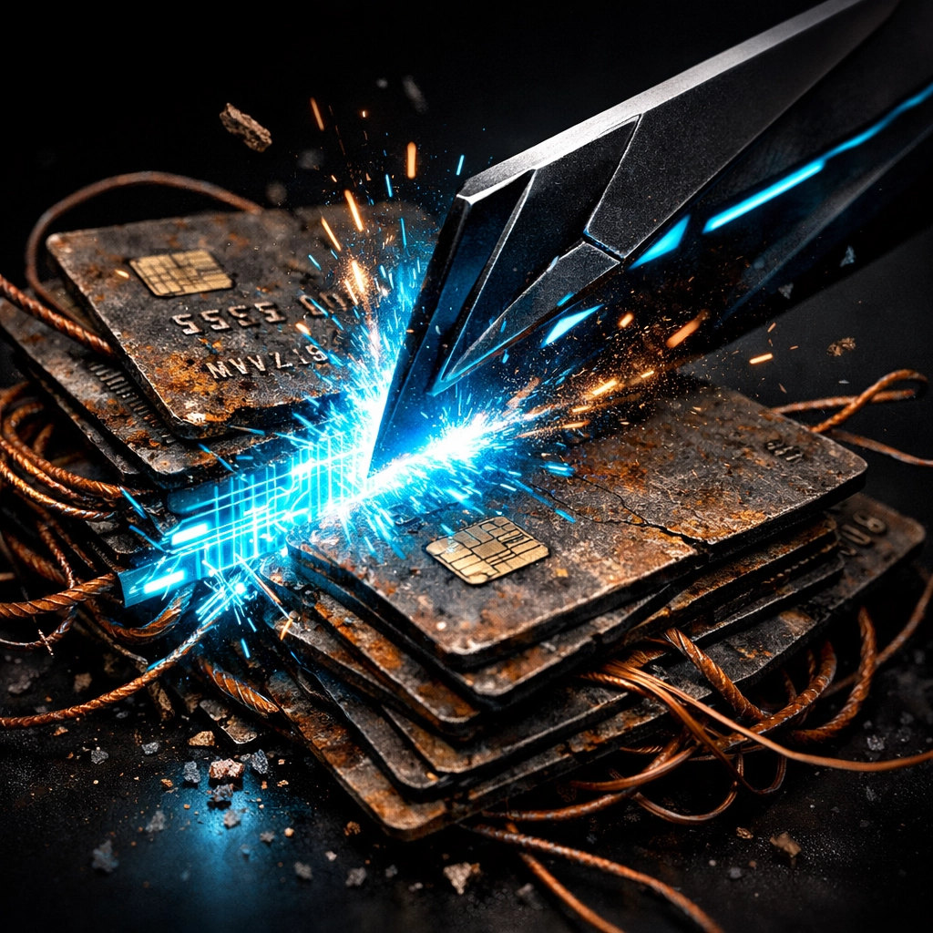 Digital blade slicing through traditional credit cards to reveal efficient Larecoin payment rails.