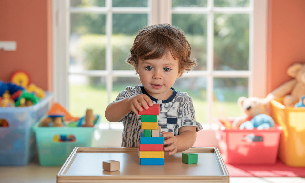 Child Stacking Wooden Blocks in Sensory-Friendly Playroom