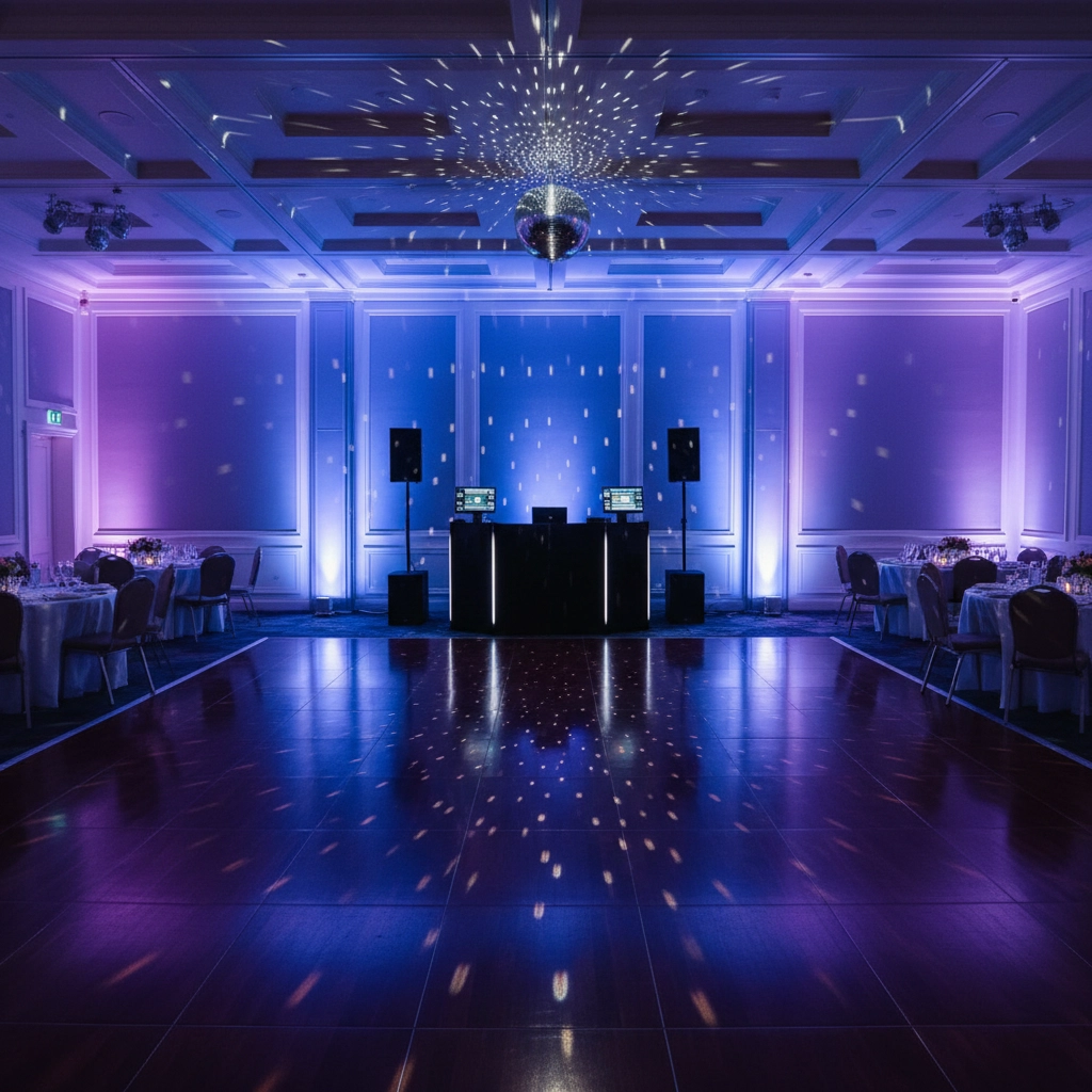 Empty ballroom with purple and blue lighting, disco ball casting reflections, DJ booth centered, round tables with chairs on sides.