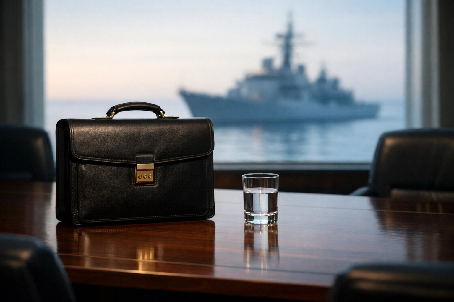 Diplomatic briefcase on a meeting table with a naval ship visible through the window during a peace mission.