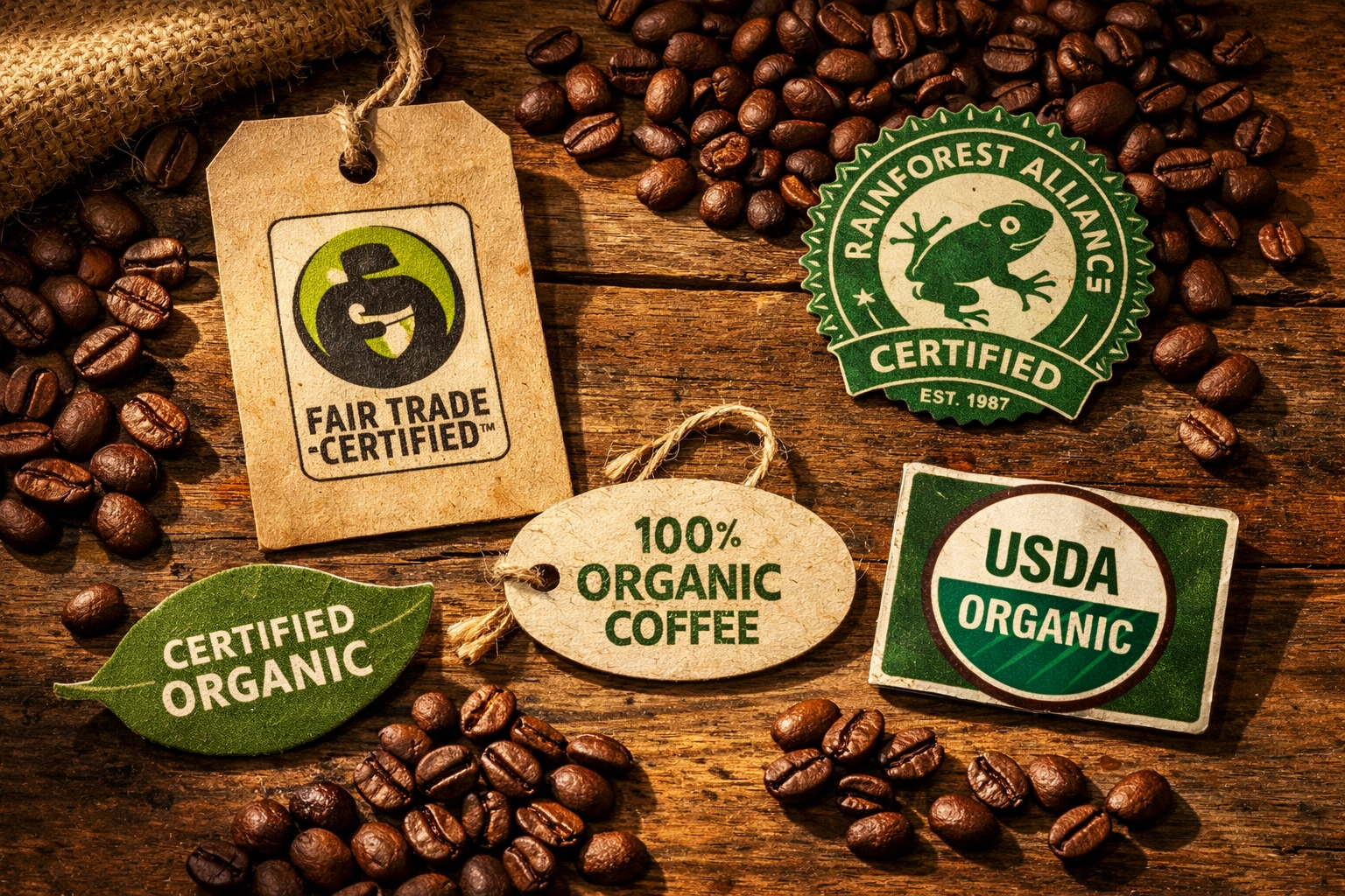 Fair Trade and organic coffee certification labels with freshly roasted beans