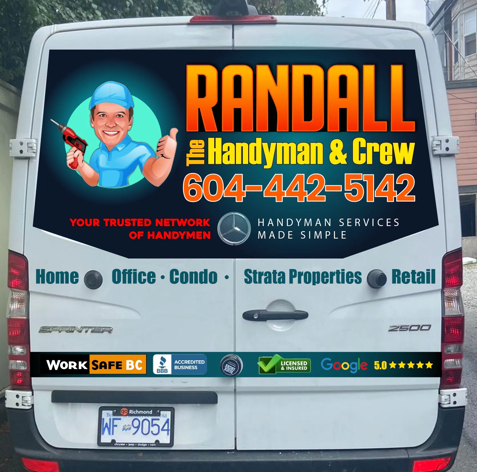 Branded handyman service van displaying Randall The Handyman & Crew logo