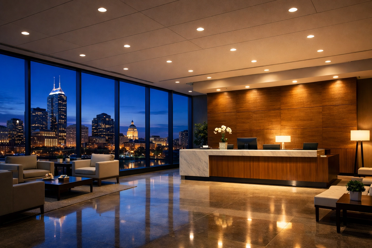 Tidy Indianapolis corporate lobby at twilight, showcasing reliable janitorial services for Midwest property managers.
