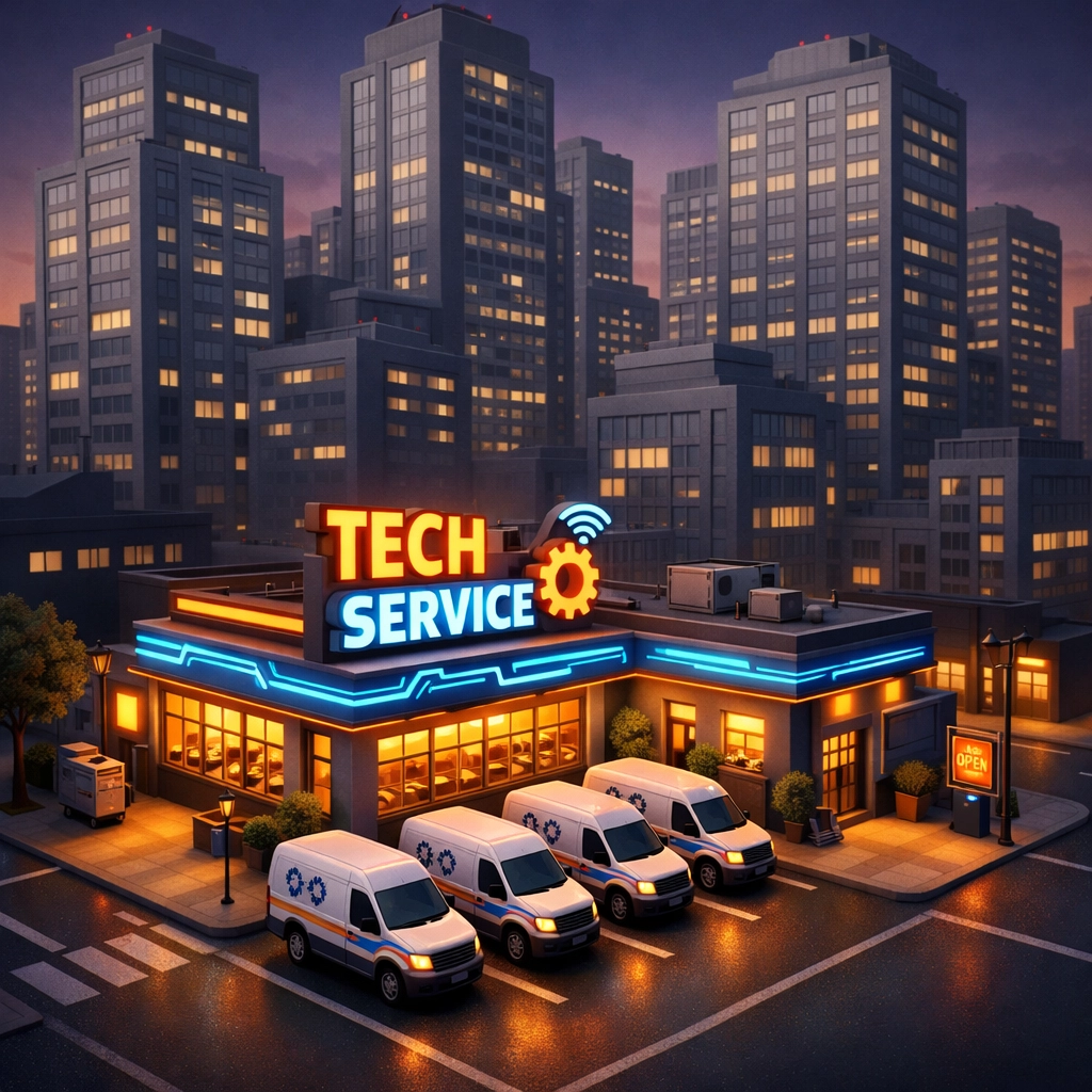 A local service business with branded vans outshining larger national competitors in a digital landscape.