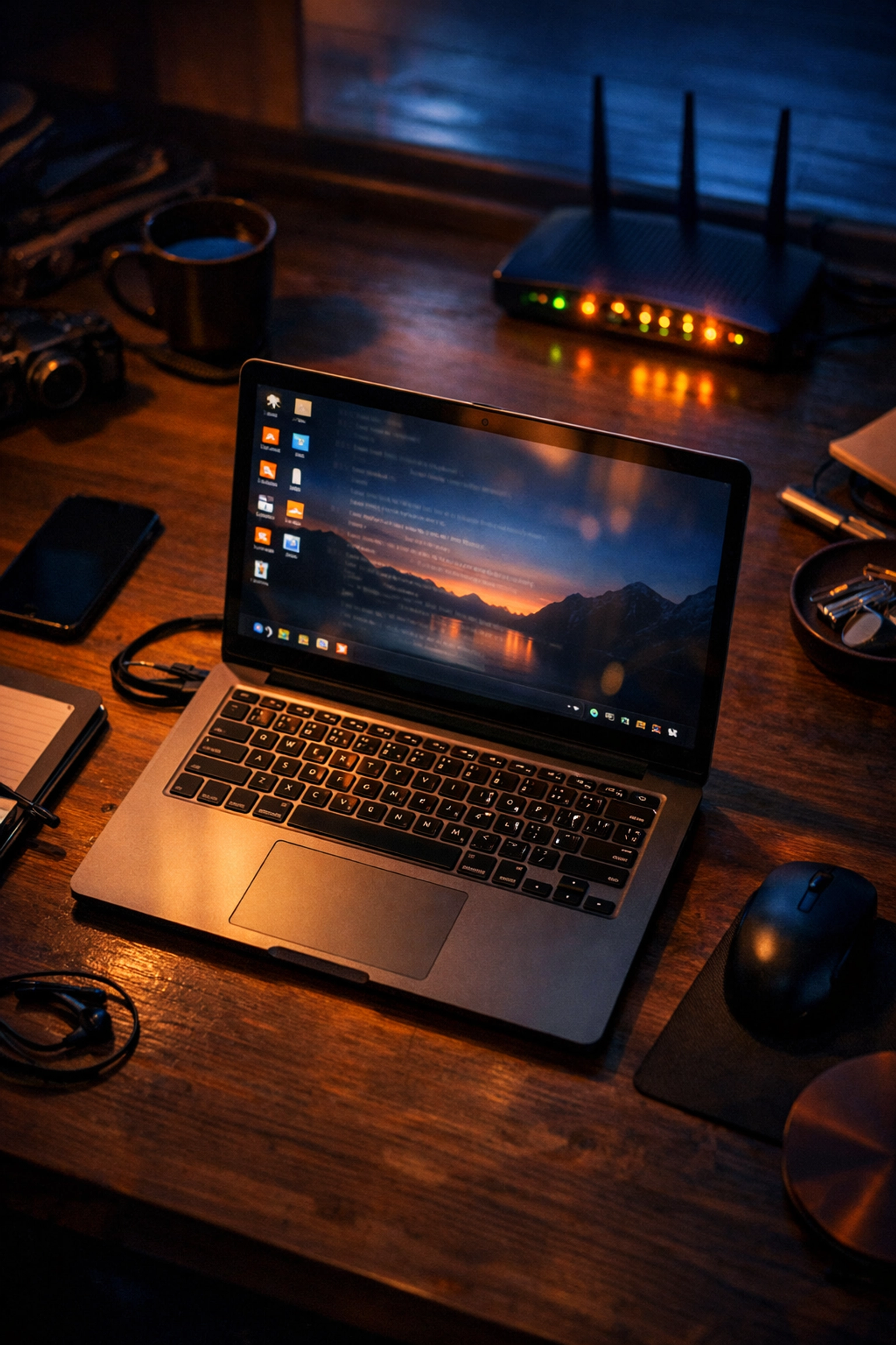 Overhead view of a home office desk at dusk with a laptop and blinking Wi-Fi router, hinting at hidden malware activity