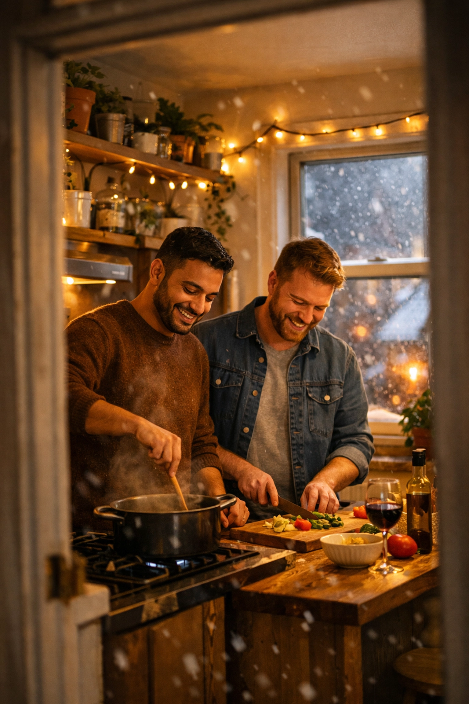 Gay couple cooking together in cozy Edmonton apartment during winter