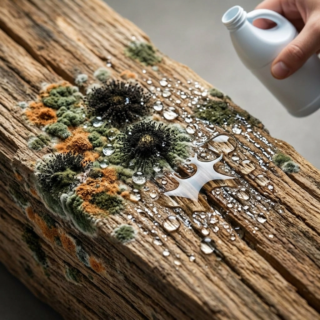 A macro photograph of mold growth on a porous wooden surface being sprayed with bleach, showing the liquid beaded on the surface.