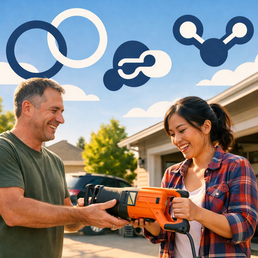 Neighbors in a driveway sharing a specialized power tool through the Chartrflex peer-to-peer rental app.