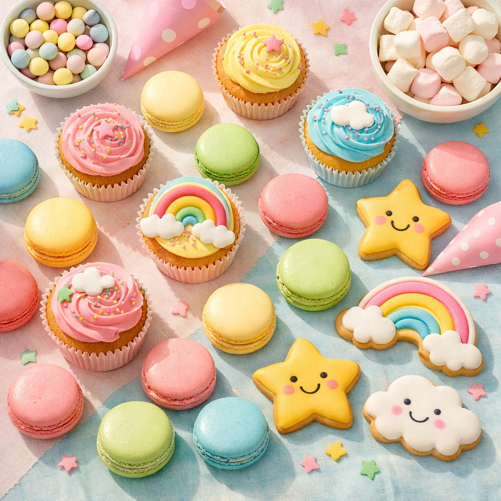 Rainbow colored macarons and cupcakes on children's party dessert table
