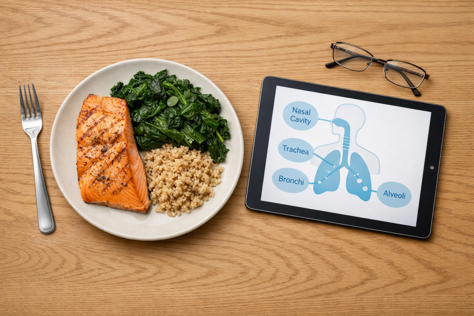 A healthy salmon meal next to a tablet showing a clinical respiratory pathway for integrated asthma care.