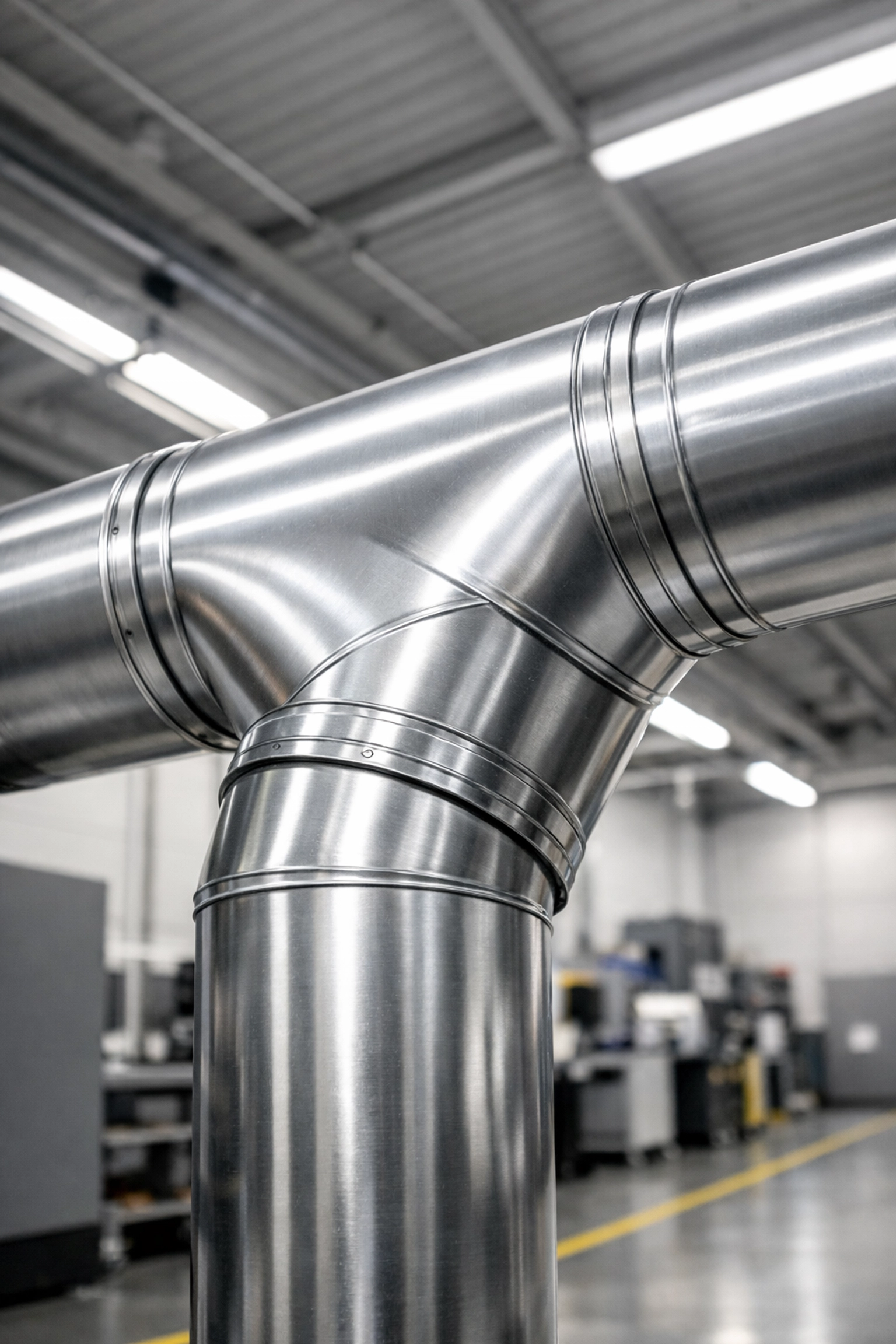 Industrial dust collector ductwork showing a Y-shaped lateral junction for optimized airflow efficiency.