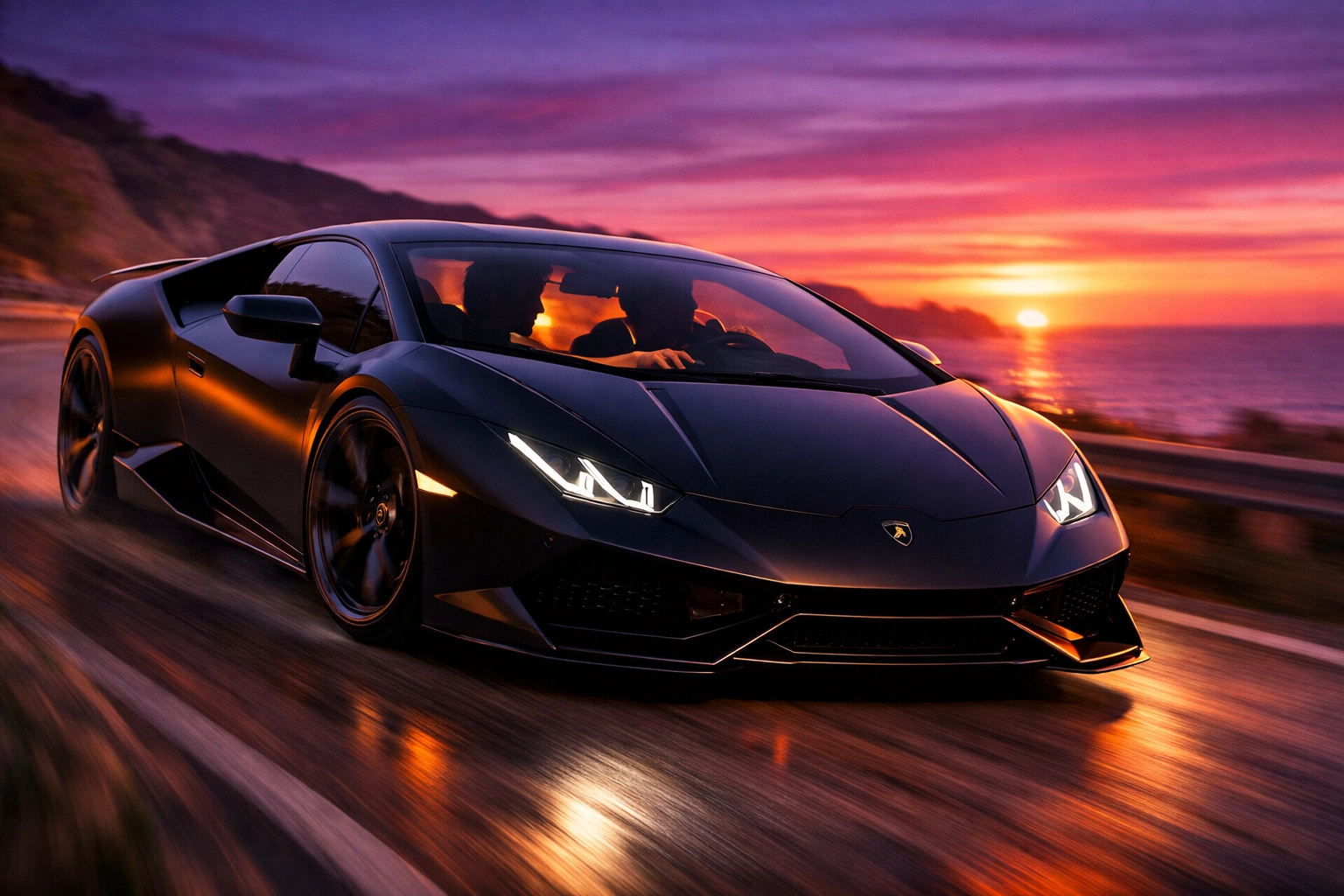 Black Lamborghini on coastal road at sunset with gay couple inside reaching for each other