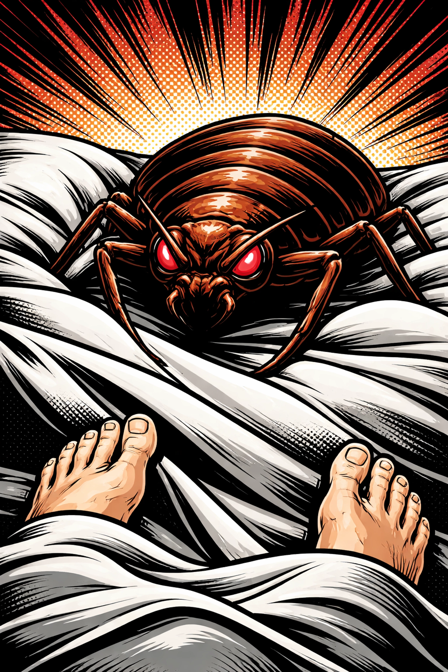 Dramatic pop art image of a large bed bug hiding in white bedsheets, symbolizing a severe bed bug infestation in Alabama homes