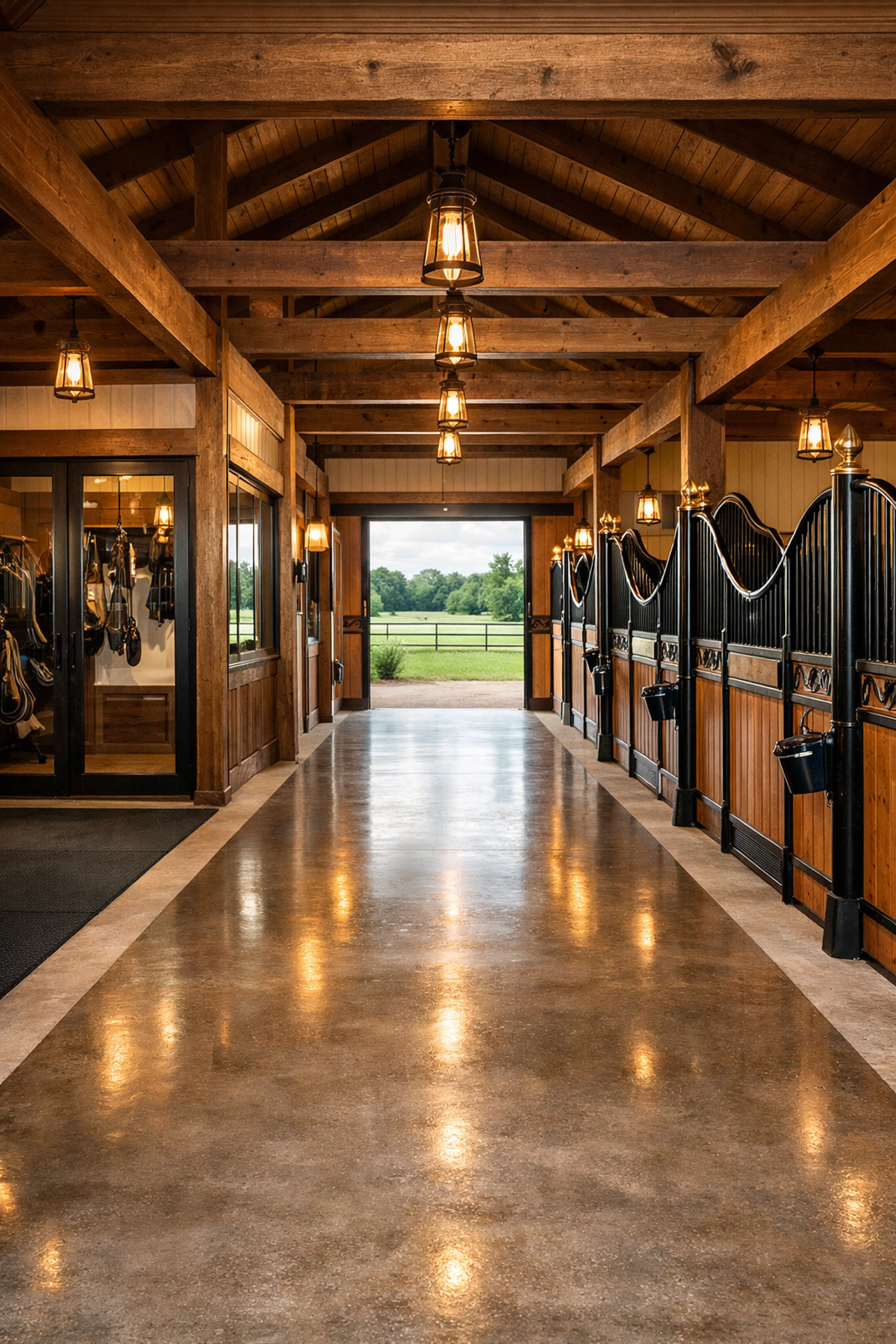 Professional barn interior with stalls and tack room at Marvin NC horse property