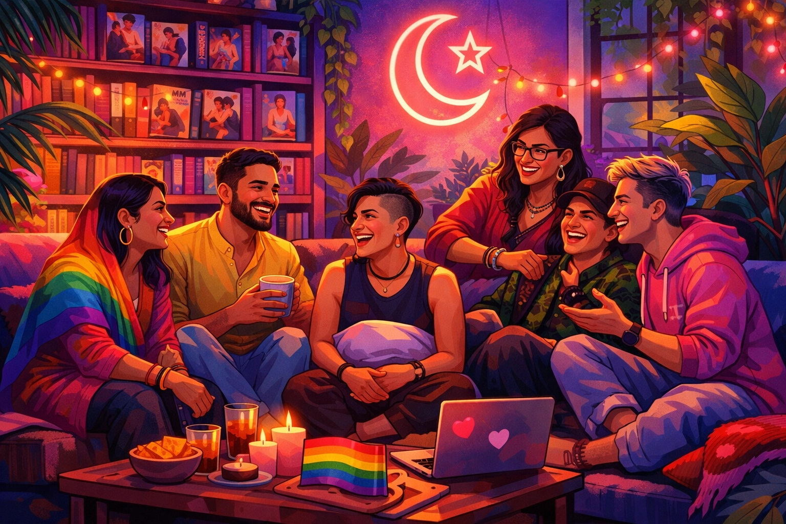 LGBTQ+ Pakistani friends gathering in a safe space with queer books, highlighting community resilience.