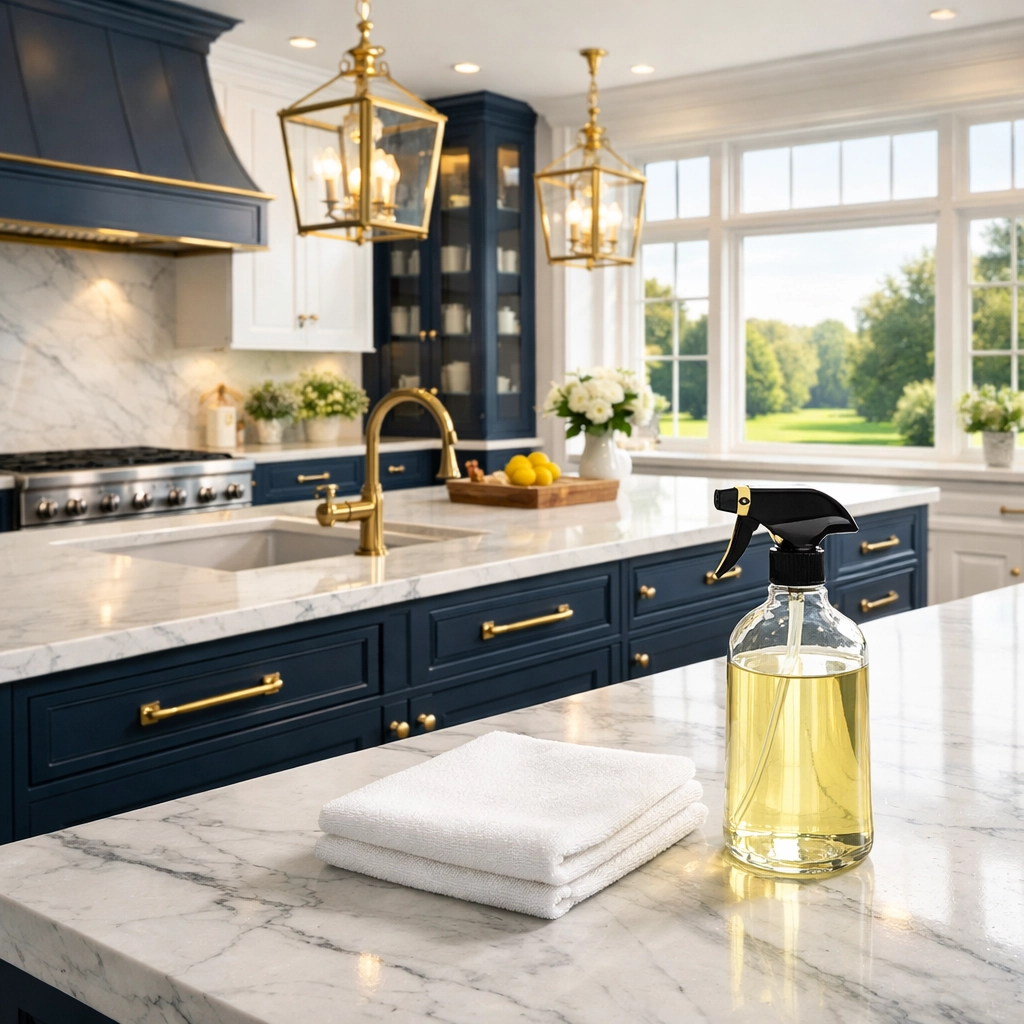 Hamilton luxury house cleaning for a premium estate kitchen with white marble countertops.