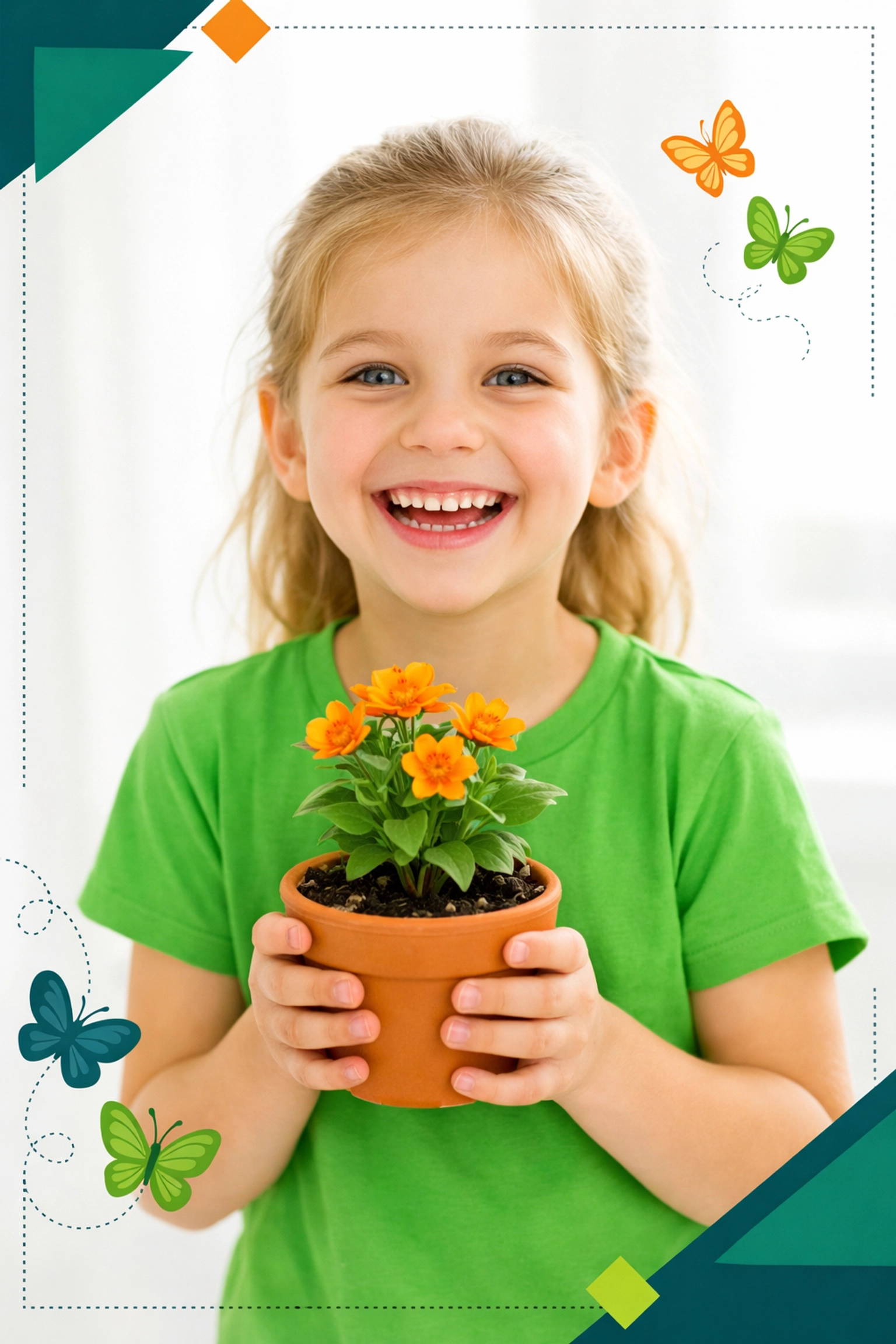 Young girl holding a blooming plant, symbolizing growth and transformation during the Easter Life Skills Bootcamp.