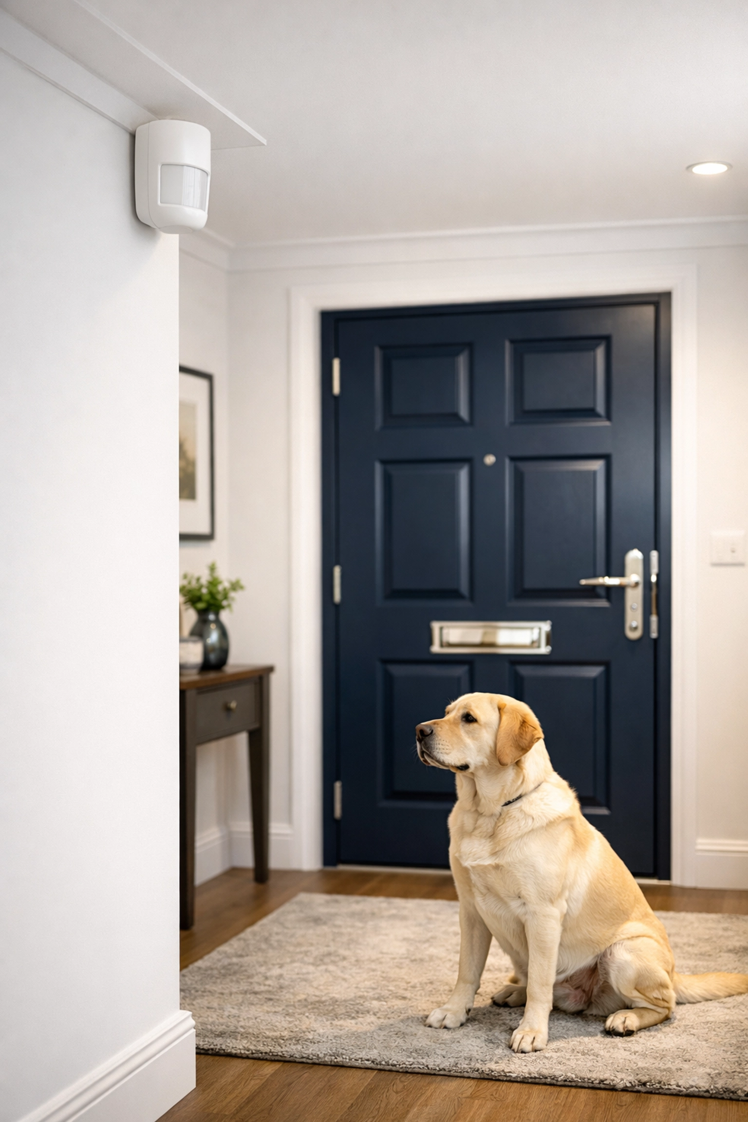 Discreet pet-friendly intruder alarm sensor installed in a modern UK hallway for reliable home protection.