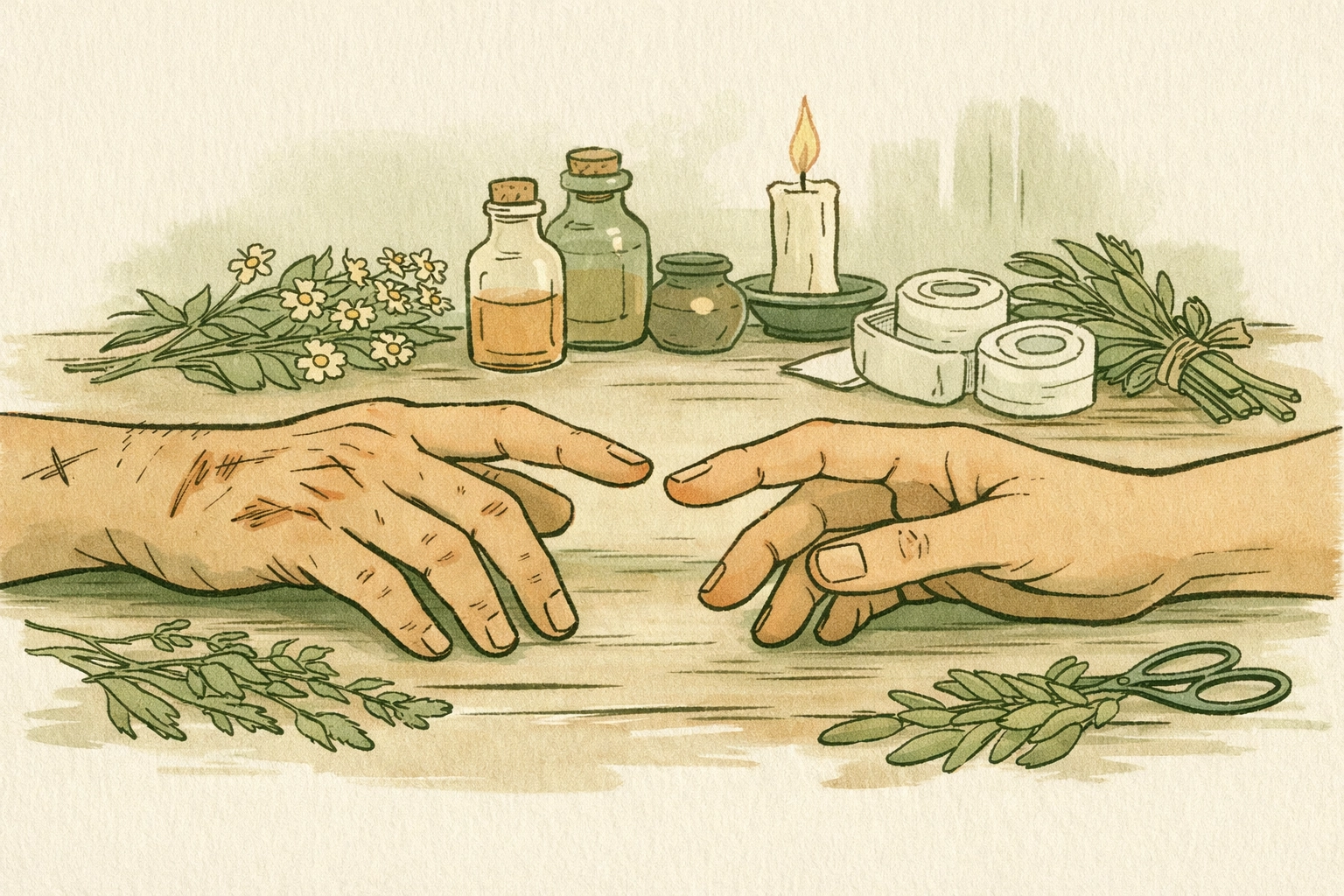 Two men's hands nearly touching across healing herbs - gay fantasy romance intimacy and connection