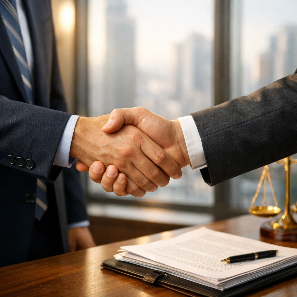Business executive shaking hands with external legal consultant in modern office