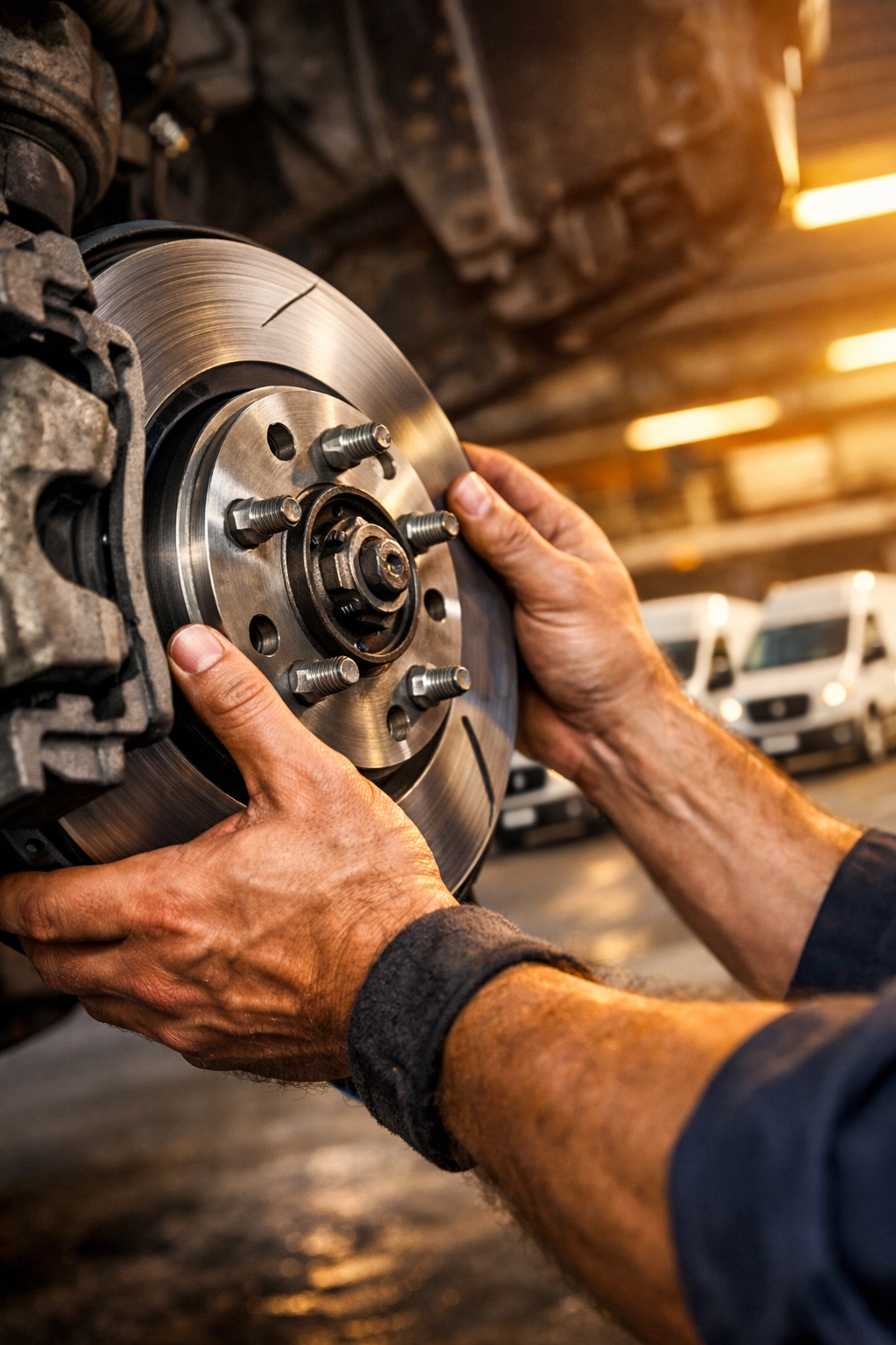 Mobile technician inspecting vehicle brakes with fleet service vans parked at a Green Bay business.