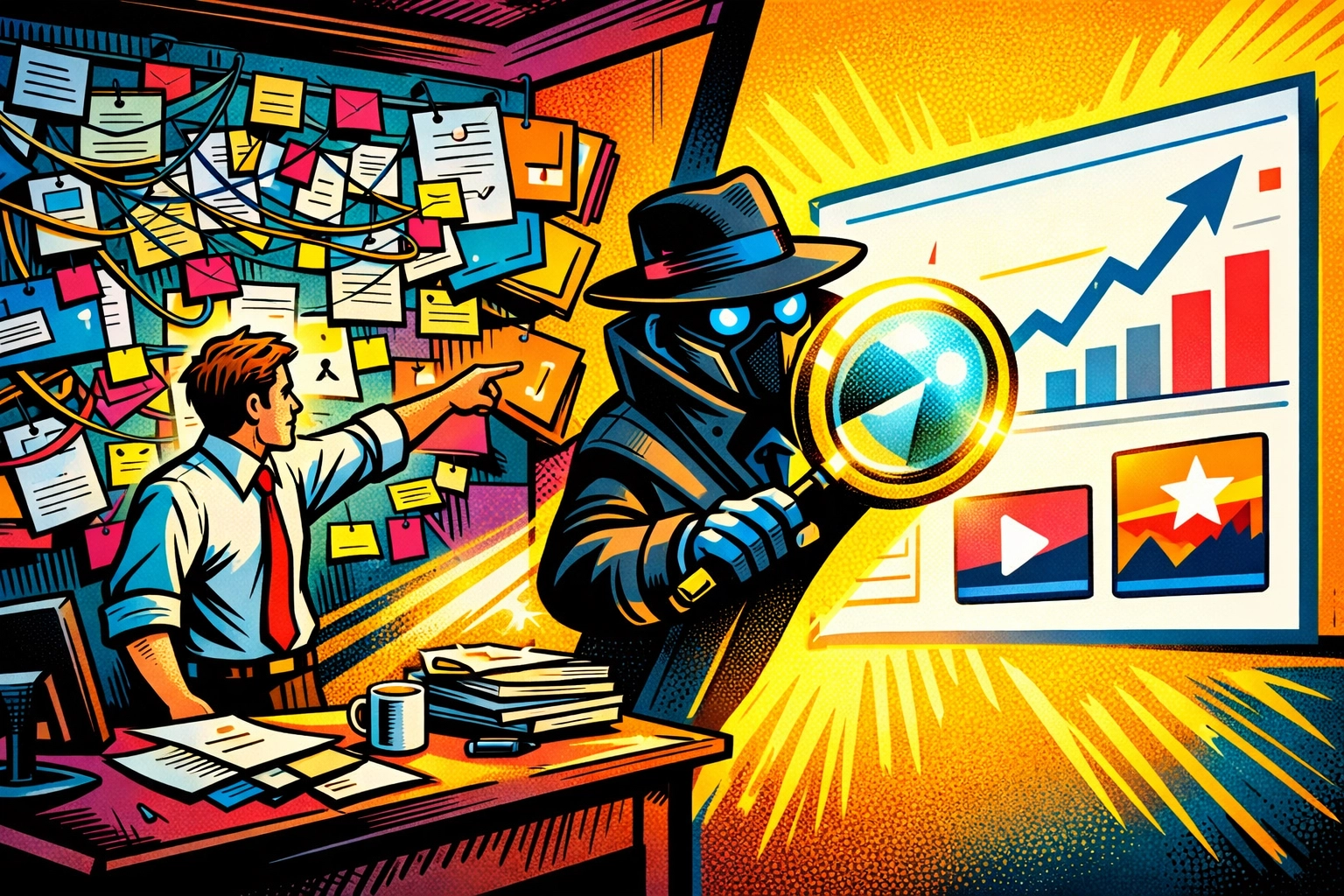 AI business automation tool uncovering clear growth insights from a messy wall of data and folders.