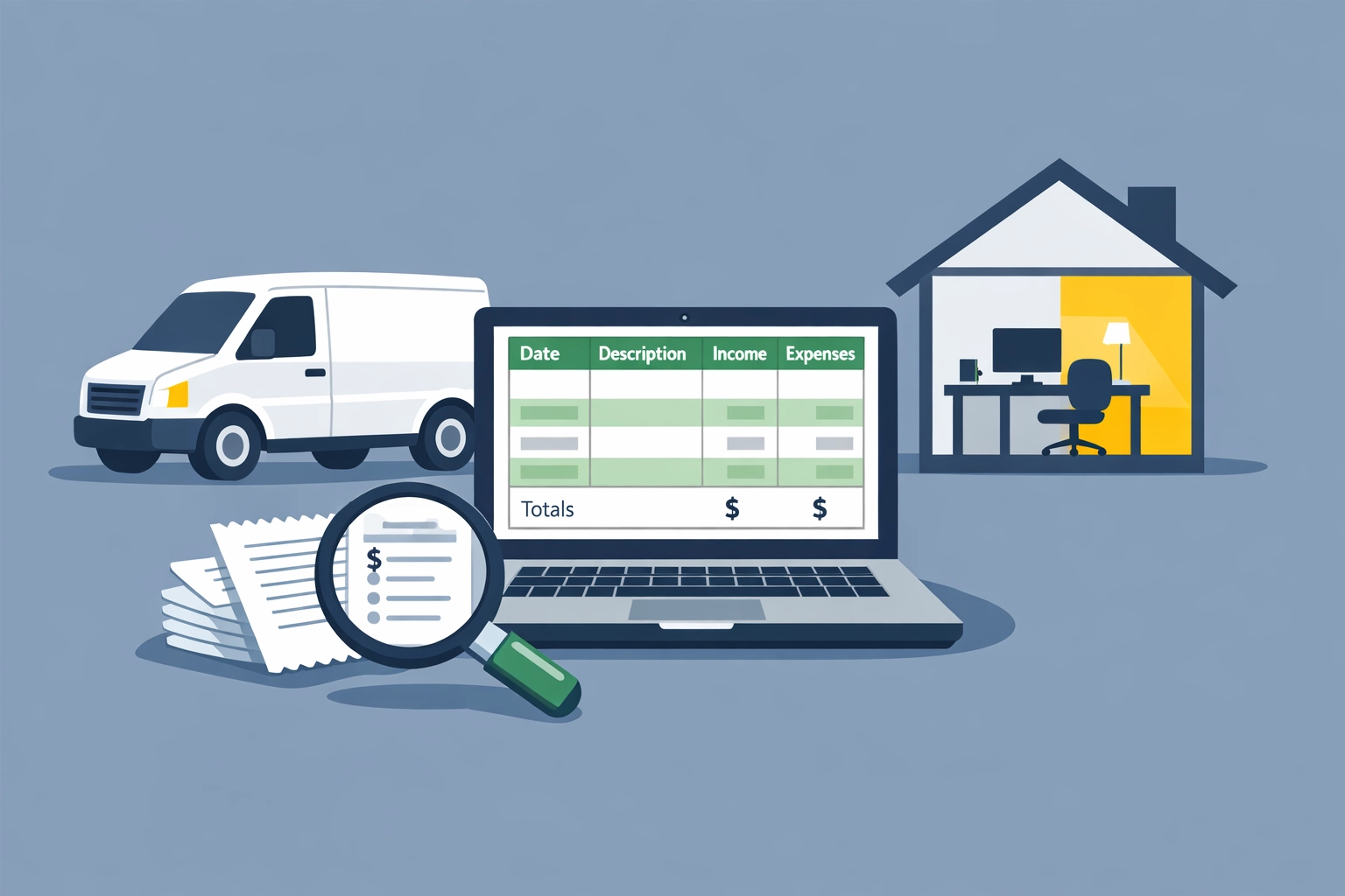 Small business tax deduction icons for mileage, receipts, and home office bookkeeping records.