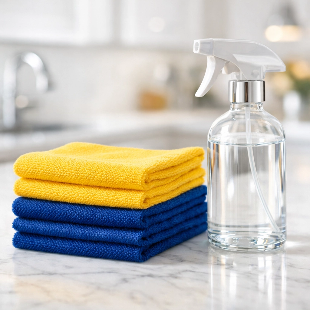 Yellow and blue microfiber cloths with a vinegar cleaning solution for wiping plaster residue.