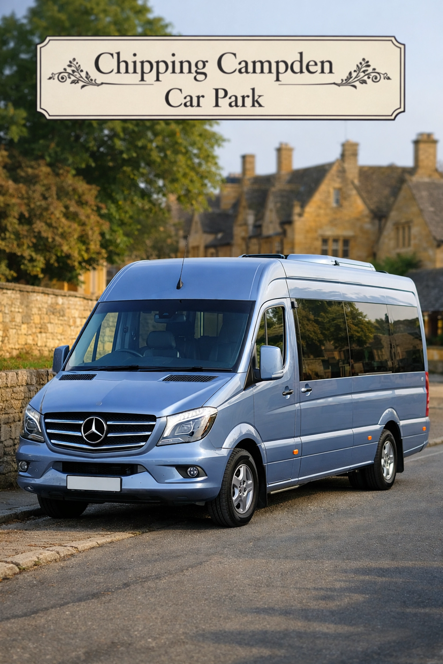 A Shakespeare Coaches Silver Blue Mercedes minibus parked on a quiet street in Chipping Campden.