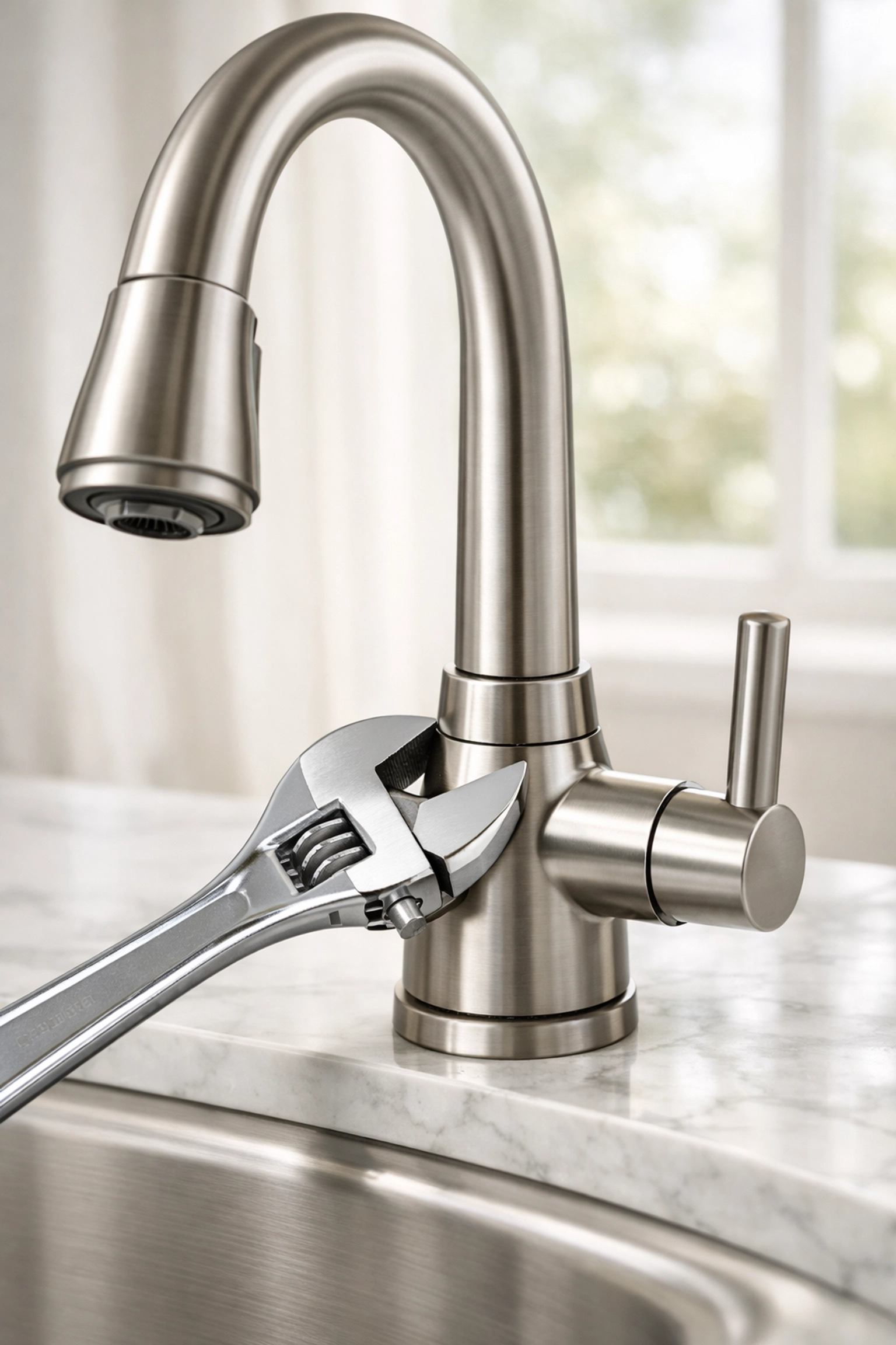 Professional kitchen faucet repair on a marble countertop for a move-in ready Raleigh home listing. Professional kitchen faucet repair on a marble countertop for a move-in ready Raleigh home listing.