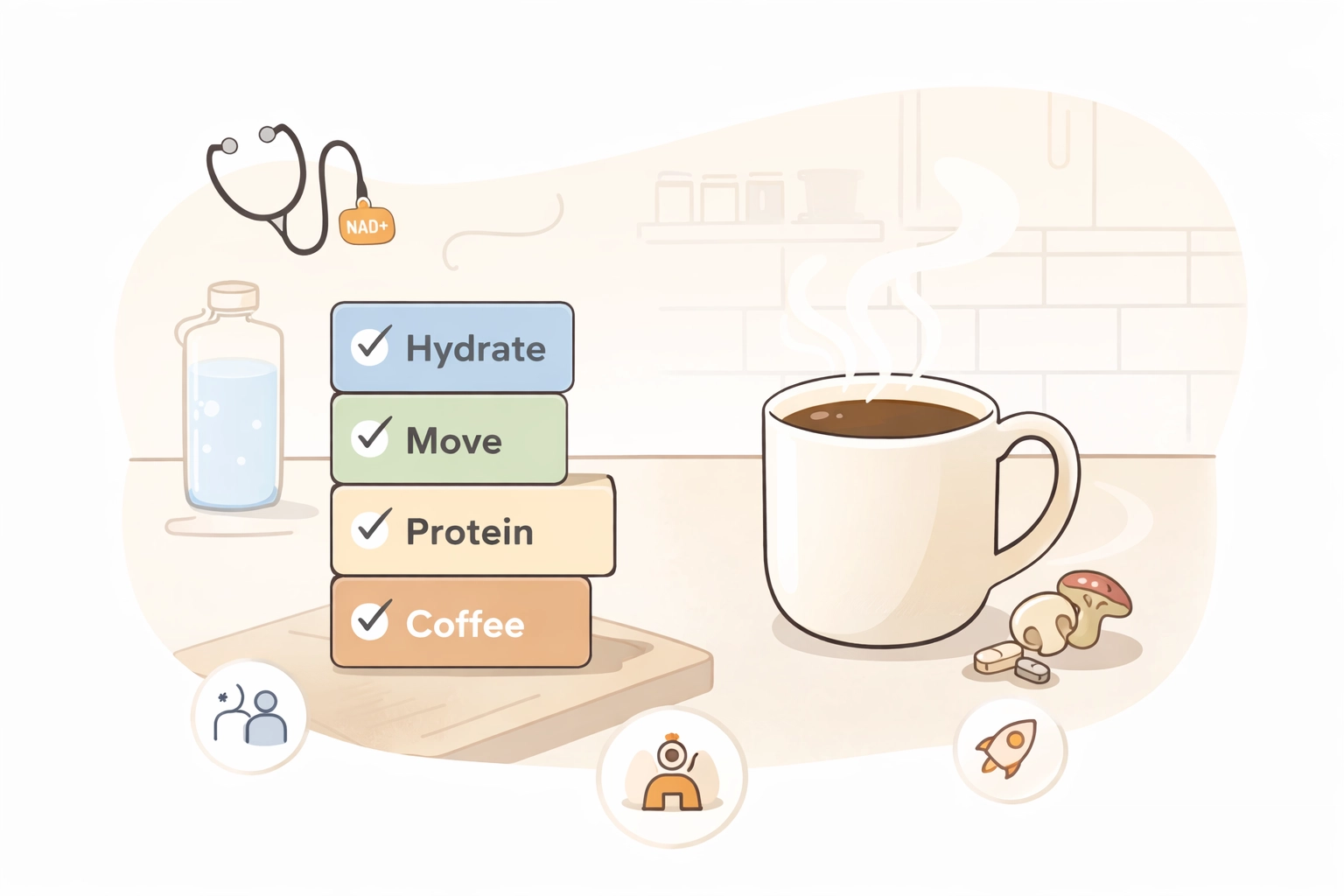 Minimal line-art coffee mug with a simple habit stack checklist and subtle icons for physician-founded, family, and entrepreneurship