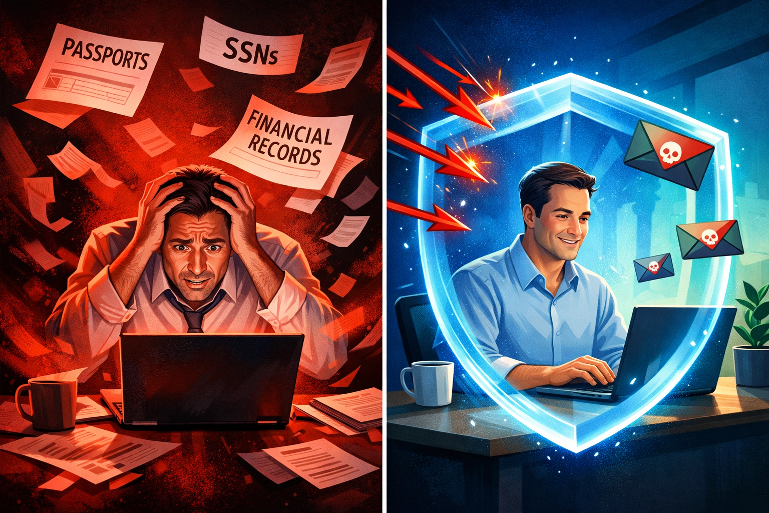 Comparison of unprotected business losing data versus protected business blocking cyber threats