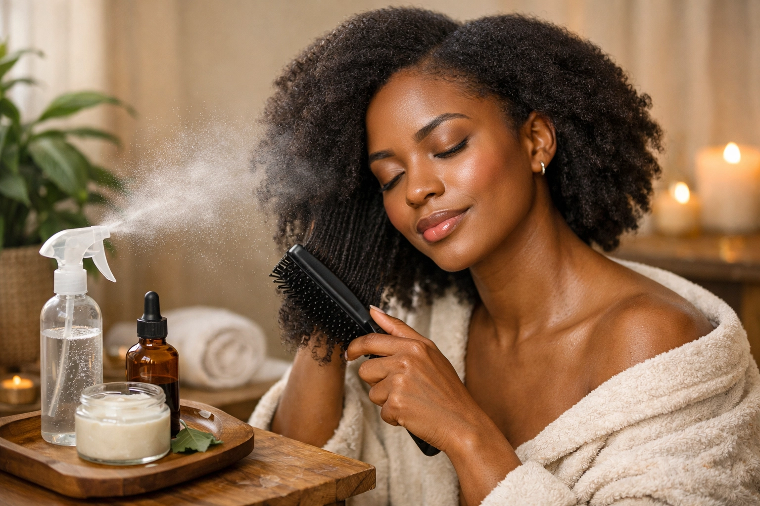 A woman gently detangling hydrated 4C hair with a detangling brush during an intentional botanical hair ritual.